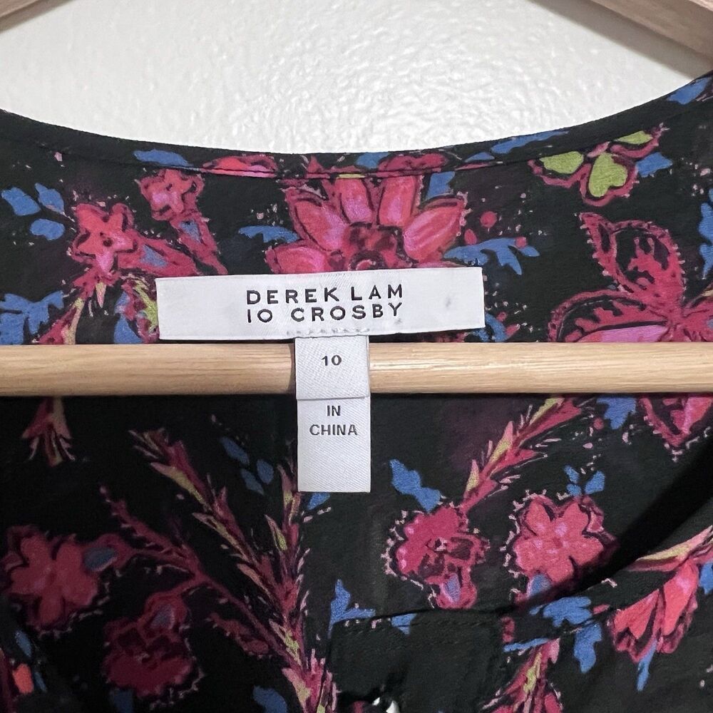 Derek Lam 10 Crosby Tracy Floral Chiffon Midi Dress Size 10 Black Pink - Picture 5 of 13